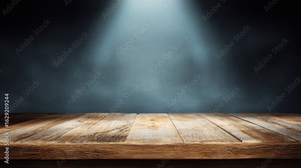 Poster A rustic wooden tabletop sits beneath a soft spotlight, casting an inviting glow against a dark backdrop. This setup is ideal for showcasing products or creating artistic displays.