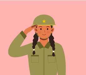 Female Vietnamese Soldier Saluting the Flag Illustration