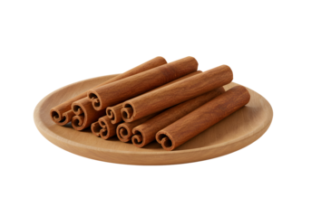 Warm cinnamon sticks on a wooden plate evoke cozy feelings for baking, cooking, and spice