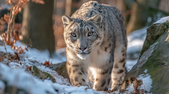 Snow leopard in winter forest