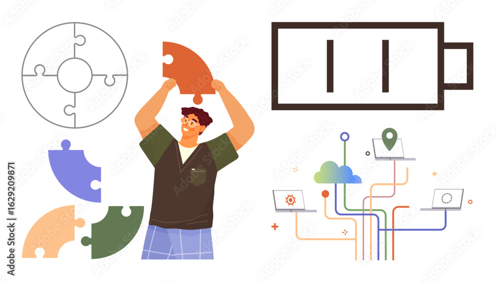 Poster man assembling colorful puzzle pieces, battery icon symbolizing energy, digital graphics with cloud 
