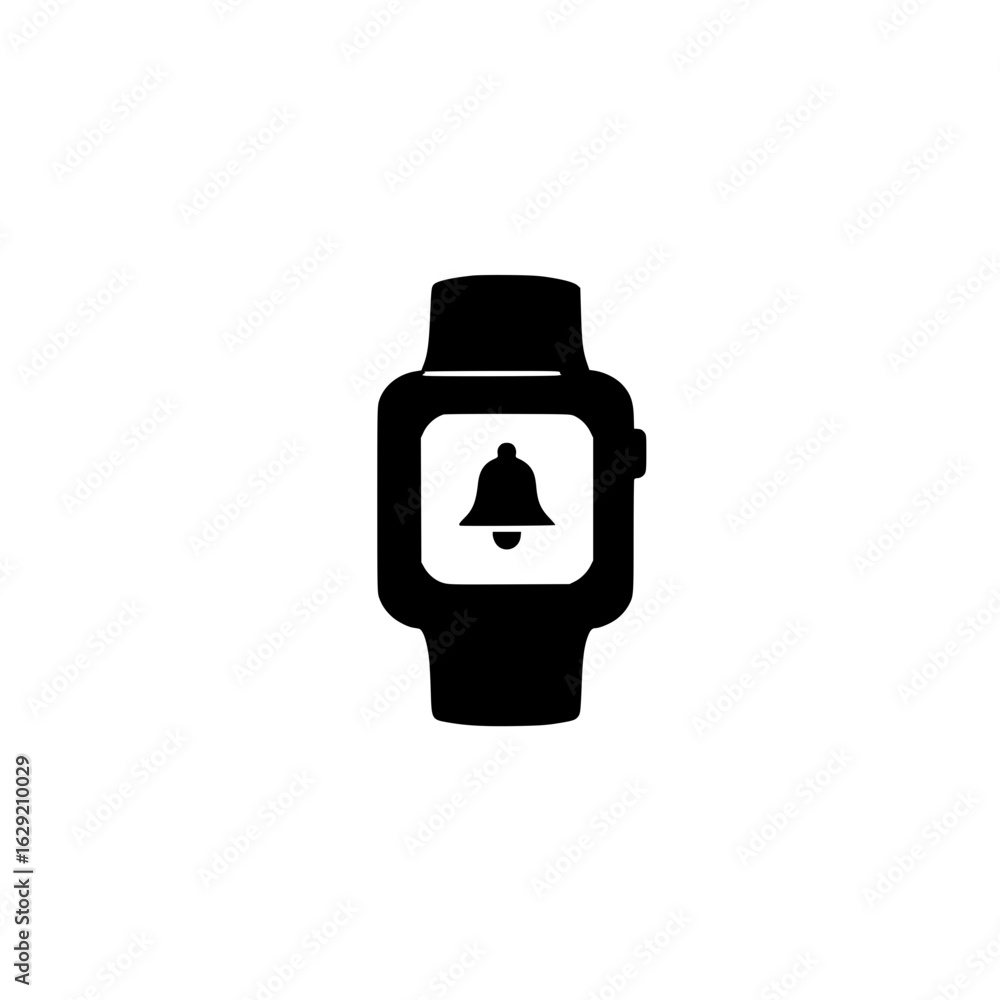 Poster smartwatch displaying bell icon on screen representing alert notification and reminder system