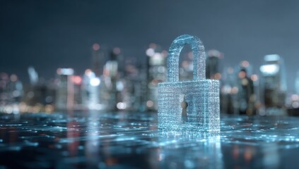 Futuristic Digital Lock Symbolizing Cyber Security and Data Protection in a Blurry Cityscape