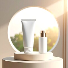 Minimalist product display showcasing a tube and spray bottle on a neutral-toned pedestal, backlit by a sunlit window