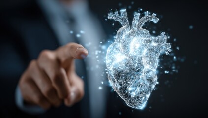 Futuristic Healthcare: A Hand Interacting with a Luminous Digital Wireframe Heart