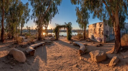 Sunny desert park with archway, benches and trees