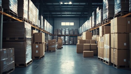 A warehouse filled with boxes and pallets of goods, showcasing the industrial nature of freight management.