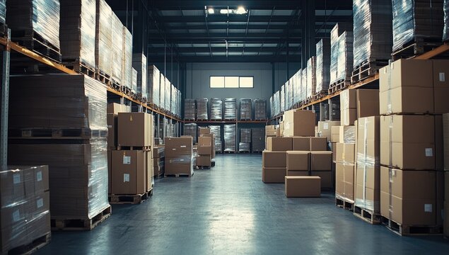 A warehouse filled with boxes and pallets of goods, showcasing the industrial nature of freight management.