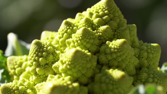 Detailed close up of a roman cauliflower head showing intricate patterns and colors