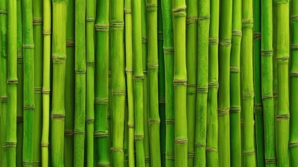 Fototapeta premium Thick and tall bamboo stalks stand closely together, showcasing a rich green color, creating a tranquil atmosphere. Sunlight filters through, enhancing their natural beauty.