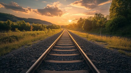Railway track disappearing into the distance at sunset.