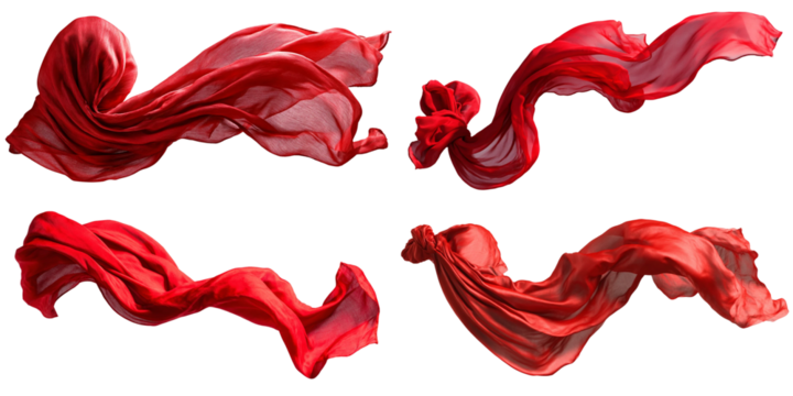 Set of flying red silk fabric elements isolated on a transparent background