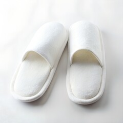 Simple white terrycloth indoor slippers, offering comfort and cleanliness for home or hotel use, isolated on a white background