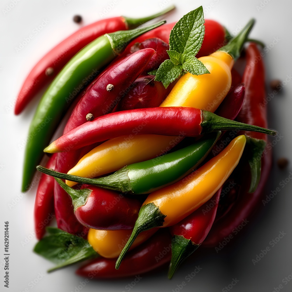 Poster an array of fresh colorful chili peppers in various shades of red green and yellow complemented by a
