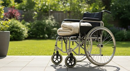 A modern, empty wheelchair is positioned on a sunny patio, facing a well-tended garden. A soft wool blanket is folded over the seat.