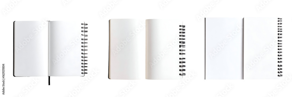 Poster an open spiral notebook with a blank page and a pen lies isolated on a white background, perfect for