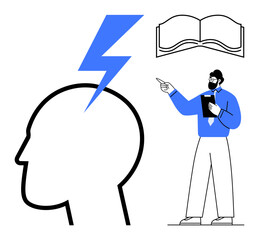 Human head silhouette with lightning bolt, open book, and person teaching. Ideal for education, creativity, brainstorming, leadership, learning knowledge sharing innovation. Flat simple metaphor