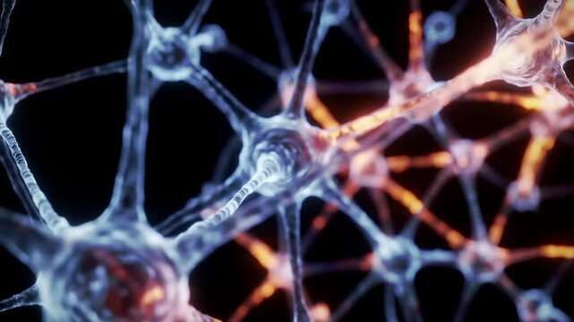 Detailed close up view of a neuron network exhibiting vibrant lighting intricate connections and scientific design elements