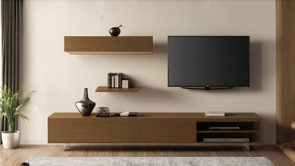 Modern living room with wall mounted entertainment unit and television
