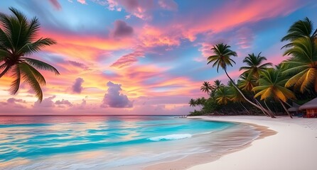 Dreamy tropical island beach at sunset with vibrant colors and palm trees for serene travel vibes