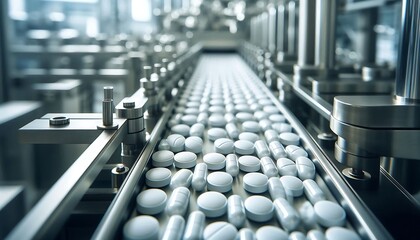 Fototapeta premium On a sterile pharmaceutical production line, identical white pills move along a stainless-steel conveyor belt. 