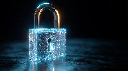 Fototapeta premium Glowing Transparent Digital Lock on Dark Background, Digital Security Concept