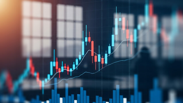 Stock market graph with blue and red lines against a blurred background.