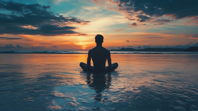 Silhouette of a man meditating on the beach at sunset.