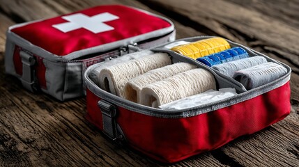 A modern, well-organized first aid kit is open on a wooden table. Inside, bandages, gauze, and other supplies are neatly arranged