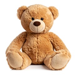 Obraz premium Light brown plush teddy bear sitting, facing forward, against a white background