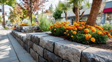 Obraz premium Urban garden bed with gray stone retaining wall, vibrant orange flowers