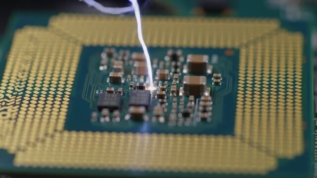 Detailed closeup view of a computer processor with electrical discharge on a circuit board