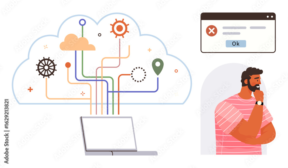 Poster cloud computing system illustrated with data connections, gears, error popup, and thinking person. i