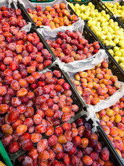 Fresh plums and apples at a vibrant market stall in summer showcasing a variety of seasonal fruits available for customers to choose from