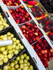 Fresh apples and grapes displayed at a vibrant market in autumn, showcasing the variety and abundance available for shoppers