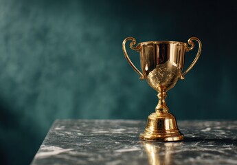 Gleaming Golden Trophy on Dark Marble Surface with Moody Teal Background