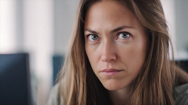 Close up of a woman with long hair, a disgusted expression