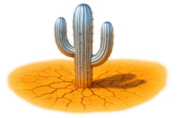 Metallic silver cactus sprouting from parched, fractured desert ground, symbolizing survival and stark natural elegance against transparent backdrop