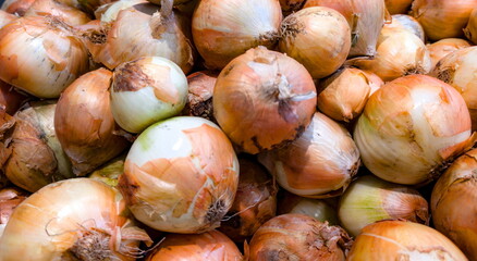 Fresh onions stacked in a market showcasing their rich colors and textures during mid-morning hours in a vibrant setting