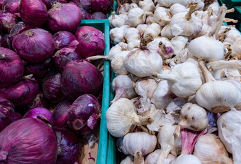Fresh red onions and garlic cloves displayed at a local market in vibrant colors during daytime