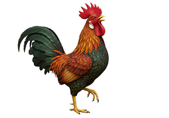 Fototapeta premium Vibrant digital illustration of a proud rooster with a red comb, crowing with its leg raised on a clean white background.