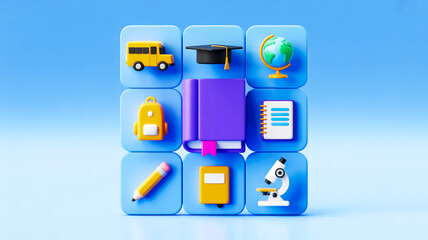 3D educational icons, colorful, neatly arranged grid on light blue background