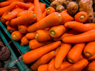 Fresh organic carrots displayed at a local market, showcasing their vibrant orange color and natural shapes, inviting customers to explore the farm-fresh offerings