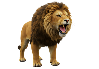 A majestic male lion roars with its mouth wide open, displaying its fangs in a powerful and aggressive stance, isolated on a white background.