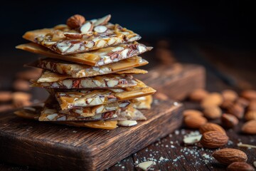 Fototapeta premium Glistening Tower of Artisanal Almond Brittle on a Rustic Wooden Board