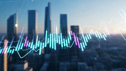 City skyline with financial graph overlayed representing market trends and analysis.