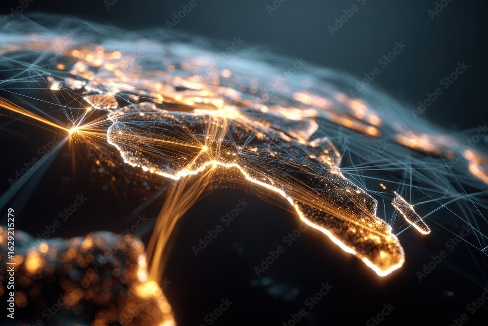 Poster global network connections: illuminated earth with digital data streams