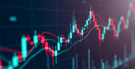 Stock market chart with red and white lines on a dark blue background.