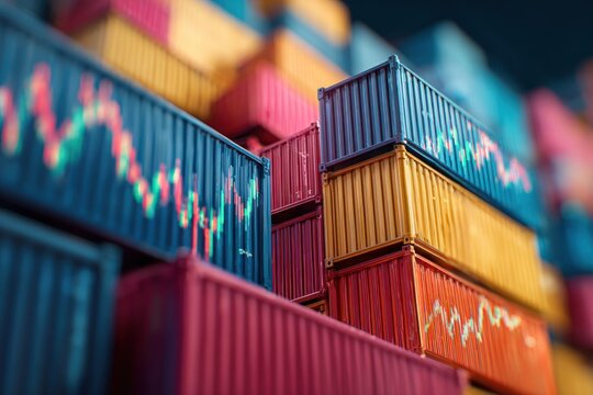 Global Trade Volatility: Luminous Stock Charts on Colorful Cargo Containers