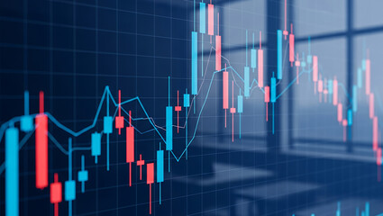 Stock market chart with red and blue candles against a window background.